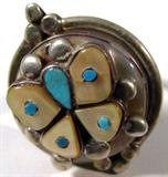 Jewelry Sterling Silver Butterfly Inlaid Ring
Beautiful sterling silver ring with lovely butterfly design. Accented with Mother of Pearl and turquoise stones. Signed "Poncho", ring size: 8. Total weight: .39 ozt.