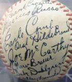 1939 Yankees Team 28 Autographs Baseball ACE
An official Baseball League ball presented in a UV protected clear acrylic ball holder. This baseball is signed by 28 members of the 1939 New York Yankees. Signatures include: Lou Gehrig, Joe McCarthy, Lefty Gomez, Jake Powell, Frank Crosetti, Bill Dickey, Earle Combs, Red Ruffing, Red Rolfe, Bump Hadley, George Selkirk, Monte Pearson, Babe Dahlgren, and others. Signatures are certified by Autograph Certification Experts, LLC, Justin Chris Priddy, President. Certification # B36944 can be verified at www.autographcertificationexperts.com.
From the internet: "The 1939 New York Yankees season was the team's 37th season in New York, and its 39th overall. The team finished with a record of 106-45, winning their 11th pennant, finishing 17 games ahead of the Boston Red Sox. New York was managed by Joe McCarthy. The Yankees played their home games at Yankee Stadium. In the World Series, they beat the Cincinnati Reds in 4 games. This marked the first