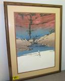 Art Print "Beside Still Waters" Signed Atkinson
A professionally matted and framed print by artist Michael Atkinson that has been pencil signed and numbered, "5/5 1986". This gorgeous scenic southwestern style print is titled "Beside Still Waters." The artist has used contrasting warm and cool colors to create a wonderfully serene picture. Measures 40.5" x 31.5".
From the internet: "From his Smoky Ridge studio in Texas, Atkinson seeks to “capture the emotion, be it subtle or exaggerated,” a pursuit that has been in evolution since he started painting as a child in the northwest Texas town of Lubbock. Attracted early to the study of architecture, he earned a degree from Texas Tech University, then taught and worked in the field for a time. From the first, his art, prints and posters have reflected his training, experience, and wide-ranging interests, as he creates images – buildings, ocean scapes, animals, and Southwestern landscapes – through a unique, semi-abstract style and a mastery