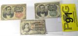 Lot of Three 10 Cent Fractional Currency Bills
Three 10 Cent Fractional Currency Bills. Bust of Liberty appears to have Large Brown Seal edges are rough, Two William Meredith one with Red Seal and one with Green Seal. Both have vertical and horizontal Folds with rounded corners.