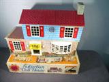 Vintage Wolverine Toy Steel Suburban Doll House
A Sunny Suzy two story steel Suburban Doll House made by Wolverine Toy Company, Pittsburg, PA. Painted house is assembled. Original box is included in the lot. Doll house has a few scratches in the paint from age and use. No plastic furniture is included. Measures 17" tall x 23" across x 9" deep.