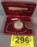 Jules Jurgensen Pocket Watch in Case
Fabulous old Jules Jurgensen pocket watch and knife set. Original velvet lined case, pouch and booklet are included. Pocket watch is 17 jewels, serial #481344, 10k gold filled keystone case . 1/10 14kt gold filled chain connects watch and pocket knife. Appears to be in working order. Booklet includes certificate dated 12/18/4.