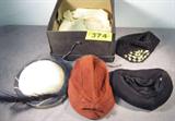 Lot of 4 Vintage Ladies Hats Gage Madcaps & More
A gorgeous lot of 4 vintage hats:
- A 1920's style knitted cloche hat. Close fitting hat appears to be hand decorated with gold aluminum leaves and white pearl like settings. Label inside of hat identifies it as Madcaps of New York.
- A vintage rust color corduroy hat or cap with elastic back and sunshade front. No labels or markings.
- A classic black hat with bunched and pleated front. Lining appears to be hand stitched. No labels or markings.
- A beautiful round top pill box style hat labeled Gage Brothers & Co, Chicago & New York. Beige color hat is accented with a black band roped in a string of small pearl like decorations. Hat features a black mesh top veil and three exotic black feathers.