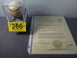 266
Description:
Babe Ruth + Autographed Baseball AAU Authenticated
An authentic hand signed Babe Ruth and Lou Gehrig baseball. This official Spalding National League baseball is presented in a UV protected clear acrylic ball holder. Signatures are certified by Authentic Autographs Unlimited, Serial #F10346. The Certificate of Authenticity is signed by Drew V. Max, a Court Qualified and Board Certified Forensic Document Examiner and handwriting expert who specializes in celebrities, sports, and antiquities. You may have seen Mr. Max on the reality television show "Pawn Stars".
From internet: George Herman Ruth, Jr. (February 6, 1895 – August 16, 1948), best known as "Babe" Ruth and nicknamed "the Bambino" and "the Sultan of Swat", was an American Major League baseball player from 1914–1935. Ruth originally broke into the major leagues with the Boston Red Sox as a starting pitcher, but after he was sold to the New York Yankees in 1919, he converted to a full-time right fielder and