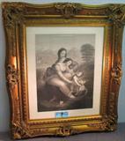 Art Framed Da Vinci Engraving Signed Laugier
An engraving from an original painting by Leonardo Da Vinci titled "Madonna, Christ Child, & St. Anne". There is a 5 cent Queen Elizabeth II Australian stamp affixed to the side of engraving. There is a small shiny area near the top left corner of the engraving that appears to be dry glue or epoxy. Signature beneath the lower right of the picture is "Laugier 1831". Measures 34" x 29.5".
From the internet: "Jean Nicolas Laugier was a French painter, printmaker and illustrator, born on 22 July 1785 in Toulon , died on 20 February 1875 at Argenteuil . In 1813 he entered the Ecole des Beaux-Arts where he was a pupil of Girodet . He exhibited at the Salons from 1817 to 1863. In 1835 he went to America to make a portrait of George Washington , and copied that of Gilbert Stuart ."