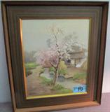 Art Oil Canvas Japanese Cherry Tree by Kamiaya
Beautiful original oil painting on canvas, professionally framed & signed "Kamiaya". Picture of a blooming cherry tree by a creek, with a Japanese home on the other side. Consignor states: "Purchased in Tokyo, 1980, by R.D. Gladhart, MD."
Measures 21.25" x 24.25" including frame.