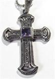 Jewelry Sterling Silver Amethyst Cross Necklace
One beautiful sterling silver cross necklace with a square cut purple stone, possibly Amethyst, in the center of the cross. Chrome colored rhinestones / pastes line the cross members, medieval style cross design. Marked / signed "925 TN M". Pendant hanging on a sterling silver box chain marked / signed "925 Made In Italy". Necklace measures 25.75" long.
Total weight: 0.60 ozt