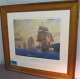 Art Print "H.M.S. Agamemnon" Signed Geoff Hunt
Wonderful print by Geoff Hunt, pencil signed & numbered 235 / 850. Nautical scene of five ships coming into port: "H.M.S. Agamemnon: Nelson's first Flagship leads the squadron, Mediterranean 1796." Other ships included are "Speedy, 16; Diadem, 64; Blanche, 32; Meleager, 32; Agamemnon, 64." Print is set within a white mat with a gold frame. Measures 32" x 25.5" including frame.