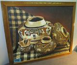 Art Original Oil "Pottery" Signed Lopes
A beautiful southwestern style original oil on canvas that features a still life scene of Native American Indian pottery. The artist has used bold earth tone colors to create a realistic depiction. Painting has a nice wood frame. Signed "Lopes" in the lower left corner. Measures 30" x 36".