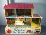 Vintage Wolverine Toy Steel Suburban Doll House
A Sunny Suzy two story steel Suburban Doll House made by Wolverine Toy Company, Pittsburg, PA. Painted house is assembled. Original box is included in the lot. Doll house has a few scratches in the paint from age and use. No plastic furniture is included. Measures 17" tall x 23" across x 9" deep.