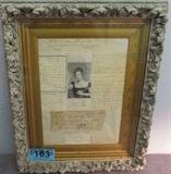 Art Framed Postcard & Notes O'Neill as Belvidera
A fabulous collection of handwritten notes, letters, a check dated March 27, 1802, and a portrait postcard captioned "Miss O'Neill as Belvidera". All items are behind glass in a vintage ornate frame. Frame does have some damage. Measures 22" x 18".
From the internet: "Eliza O'Neill (1791 – 29 October 1872) was an Irish actress, later baronetess. Born in Drogheda, she was the daughter of an actor and stage manager. Her first appearance on the stage was made at the Crow Street theatre in 1811 as the Widow Cheerly in Andrew Cherry's The Soldier's Daughter, and after several years in Ireland she came to London and made an immediate success as Juliet at Covent Garden in 1814. For five years she was the favorite of London town in comedy as well as tragedy, but in the latter she particularly excelled, being frequently compared, not to her disadvantage, with the great Sarah Siddons.
In 1819 she married William Wrixon Becher, an Irish M.P., who