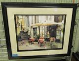 Art Framed Print "Rustic Bistro Scene" Signed
A gorgeous professionally framed print of a rustic bistro scene. Four tables are elegantly set outside beneath a canopy, with pigeons pecking at the ground and a shallow staircase leading down an alley. Print includes a signature, possibly "Frank Hunter". Measures
34.5" x 40.5" including frame.