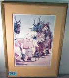 Art Walt Gonske Signed & Numbered Print
A beautiful matted and framed print titled "Ceremonial Dancers", pencil signed by Walt Gonske, and numbered 93/150. Measures 28" x 21.5".
From Mr. Gonske's website: "I grew up in Irvington, New Jersey and, after high school, I enrolled for three years at an art school in Newark. After that, I served for six months in the Army Enlisted Reserves and the worked at advertising agencies for a number of years in New Jersey. After three more years of study at the Frank Reilly School of Art, I moved to the City in 1967 and free-lanced as a men's fashion illustrator. During the winter of 1971 I flew out to New Mexico with my parents to visit my little sister, who was working at the Taos Ski Valley. While checking out the many galleries in Taos and Santa Fe, I was thrilled to see so much representational art on the walls. I began to wonder what it would be like to live in northern New Mexico, paint landscapes, and maybe even sell some. That was about the t