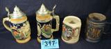 Lot of 4 Vintage German Beer Steins / Mug
Lot of 4 mugs include:
- A brown and gold mug featuring 4 Renaissance style armored figures. Bottom of mug is embossed "Made in Germany. Measures 5.5" tall.
- Stein with pewter thumb lid is decorated with scenic castles and a chalet. Writing on mug is "Immer Lustig" and "Ingolstadt Kreuzter". Measures 8.5" tall.
- Stein with pewter thumb lid decorated with a castle captioned "Ingolstadt Kreuzter". Measures 8" tall.
- German mug features a scene with a man and woman at an old water well. Bottom of mug in stamped "Made in Germany". Measures 5" tall.