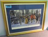 Art Print "The Four Directions" Signed C. Bennett
Beautiful signed / numbered print entitled "The Four Directions" by Craig Bennett, "325/950". A winter scene, an older Indian / Native American on foot with two younger women on horseback. He is raising his palm toward the rising sun. Gold frame with blue matting. Measures 32.5" x 27.5" including frame.