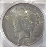 Coin 1922-P Peace Silver Dollar
1922-P Peace Silver Dollars 26.73g of 90% Silver. 51,737,000 minted. Graded by the consignor as Extremely Fine to About Uncirculated. No Sales Tax on Coins, Currency, or Bullion. #357.