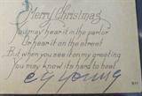 Cy Young Autographed Postcard AAU Authenticated
A Christmas postcard hand signed by Cy Young. Signature is certified by Authentic Autographs Unlimited, Serial # F10215. The Certificate of Authenticity is signed by Drew V. Max, a Court Qualified and Board Certified Forensic Document Examiner and handwriting expert who specializes in celebrities, sports, and antiquities. You may have seen Mr. Max on the reality television show "Pawn Stars".
From the internet: "Denton True "Cy" Young (March 29, 1867 – November 4, 1955) was an American Major League Baseball pitcher. During his 22-year baseball career (1890-1911), he pitched for five different teams. Young was elected to the National Baseball Hall of Fame in 1937. One year after Young's death, the Cy Young Award was created to honor the previous season's best pitcher. Young established numerous pitching records, some of which have stood for a century. Young compiled 511 wins, 94 ahead of Walter Johnson, who is second on the list of most wi