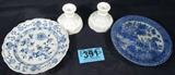 Mixed Lot Vintage Glassware Meissen Westmoreland
A mixed lot of very pretty glassware items includes:
- A Meissen blue and white onion pattern plate. Measures 8.75" in diameter. Is stamped and embossed with the Meissen hallmark. Made in Germany.
- A lovely pair of milk glass candlesticks with the panel grape pattern made by Westmoreland Glass Company. They each measure approximately 4" tall.
- A blue and white plate, approximately 9" in diameter, which is decorated in a flow blue Oriental design. There is an unidentified hallmark on the bottom. Hand writing on the bottom which reads in part, "Chinese ca 1885".