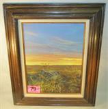Art Judy Larson Original Framed Oil on Canvas
A lovely matted and framed original oil on canvas signed in the lower right corner, "Judy Larson". This landscape scene features a colorful sun setting sky, and an abandoned rowboat near a grassy marsh. Frame has several scratches and is well worn on the lower right side. Measures 26" x 22".