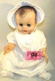 Vintage J.C. 20" Baby Doll Rubber & Hard Plastic
A vintage collectible baby doll with a rubber head and hard plastic body. The doll's neck is marked with the initials "J.C.". The doll has pretty open and shut blue eyes. She is dressed in a white cotton dress, bonnet, and socks. Appears to be in very good condition.