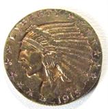 Coin 1915 $2.50 Indian Head Gold Coin
1915 $2.50 Indian Head Gold Coin. 4.18g of 90% Gold. 606,100 minted. Rare Date. No Sales Tax on Coins, Currency, or Bullion.