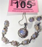 Jewelry 4pc. Set Silver Necklace Earrings Bracelet
Wonderful set of silver jewelry. Set includes:
- One beautiful sterling silver bracelet featuring seven Dichroic style glass stones in platform settings, individual rope style designs throughout, linked together by flat silver links, terminates with a hook clasp. Marked / signed "Mex GC80 925", measures 8.5" long.
- Gorgeous sterling silver earrings, each featuring a medium sized Dichroic glass stones in platform settings with rope style designs surrounding. Post back earrings, marked / signed "GC80 Mex925".
- Breathtaking sterling silver necklace featuring a large Dichroic glass style stone, with green, red & copper colors present, in a platform setting surrounded by a rope design & sun burst / floral design. Large chain route accommodating many different chain styles, rope style chain marked / signed "925 Italy", terminates with a lobster claw style clasp. Measures 18" long.
Total weight: 1.68 ozt