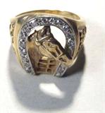 Jewelry 14kt Yellow Gold Diamond Horseshoe Ring
Fabulous 14kt yellow gold ring featuring diamond accented horseshoe with horse head design. Marked "14k", ring size: 6.5. Total weight: 6.0 dwt