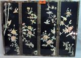Art 4 Asian Black Lacquer Abalone Shell Wood Panel
This lot contains four beautiful vintage Chinese wall panels which feature a black lacquer background with stunning abalone shell / mother-of-pearl bird and flower patterns. Intricate hand-painted gold scrolling details with geometric star pattern around panel's borders. The pieces are not hinged together so they can be arranged in a pattern of your choosing. The panels do show some signs of wear due to age. One panel has significant paint peeling around the top two corners. Each panel measures 12" x 36".