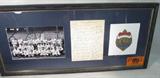 1927 New York Yankees 27 Autographs w/ Photo ACE
A great piece of baseball history which includes a sheet signed by 27 members of the 1927 New York Yankees, a reproduced team photo print, and a print of the 1927 World Series emblem. Signatures include Herb Pennock, Babe Ruth, Pat Collins, Ray Morehart, Miller Huggins, Wilcy Moore, Eddie Bennett, Waite Hoyt, Tony Lazzeri, Earle Combs, Bob Meusel, Eddie Phillips, Lou Gehrig, George Pipgras, Joe Dugan, Bennie Bengough, Jacob Ruppert and others. These items have been professionally matted and framed. Frame measures 13.5" x 29.5". The signatures are certified by Autograph Certification Experts, LLC, Justin Chris Priddy, President. Certification # B40738, can be verified at www.autographcertificationexperts.com.
From the internet: "The 1927 New York Yankees season was their 25th season. The team finished with a record of 110-44, winning their fifth pennant and finishing 19 games ahead of the Philadelphia Athletics. New York was managed by Mi