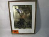 Art Gold Foil Print "Raising the Flag on Iwo Jima"
A beautiful gold foil print which is nicely matted and framed. The picture is captioned "So Proudly We Hail", and is signed "To Bill and Gloria - A day I will never forget. Thanks for sharing it with us! B.Gen. Don Humphrey - 4 June 1981". Measures approximately 16.5" x 12.5".
From the internet: "A Raising the Flag on Iwo Jima is a historic photograph taken on February 23, 1945, by Joe Rosenthal. It depicts five United States Marines and a U.S. Navy corpsman raising the flag of the United States atop Mount Suribachi during the Battle of Iwo Jima in World War II. The photograph was extremely popular, being reprinted in thousands of publications. Later, it became the only photograph to win the Pulitzer Prize for Photography in the same year as its publication, and came to be regarded in the United States as one of the most significant and recognizable images of the war, and possibly the most reproduced photograph of all time."
ZB4487