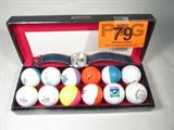 Mixed Lot Invicta Wrist Watch / Ping Golf Balls
This lot contains great items for your favorite golfer:
- A men's silver color Invicta skeleton style wrist watch with a brown leather band. Bezel is marked 17 jewel, 30M, Mechanical. Working condition unknown.
- A dozen golf balls, some appear to be souvenir or advertising items and are presented in a lined display box:
Ping Zing 4 - White ball with Easter Seals emblem.
Ping 1 - White / yellow ball with Broken Spoke Country Club advertising emblem.
4 Ping Eye 2 - White / yellow ball.
3 Ping Eye 2 - White / teal ball.
2 Ping Eye 2 - White / teal ball.
Ping 1 - White / navy blue ball with BWM Open '91 emblem.
Six other golf balls.