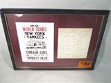1932 World Series Advertisement 22 Autographs ACE
A great piece of baseball history which includes a sheet signed by 27 members of the 1927 New York Yankees, a reproduced team photo print, and a reproduced print of the 1927 World Series emblem. Signatures include Babe Ruth, Earle Combs, Herb Pennock, Walter Brown, Lyn Lary, Lou Gehrig, Red Ruffing, Bill Dickey, Eddie Farrell, Lefty Gomez, George Pipgras, John Allen, Cy Perkins, Frank Crosetti, Sam Byrd, Cy Moore, Joe McCarthy, Ben Chapman, and others. These items have been professionally matted and framed. Frame measures 15.5" x 21.5". The signatures are certified by Autograph Certification Experts, LLC, Justin Chris Priddy, President. Certification # B40740, can be verified at www.autographcertificationexperts.com.
From the internet: "The 1932 New York Yankees season was the team's 30th season in New York, and its 32nd season overall. The team finished with a record of 107-47, winning their seventh pennant, finishing 13 games ahead of