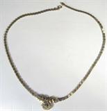 Jewelry 18kt Yellow Gold Link Necklace
Gorgeous 18kt yellow gold necklace with lovely link design and pendant decorated with sparkly clear stones, possibly CZ's. Unmarked, tests as 18kt. Measures: 17" long, total weight: 8.6 dwt