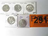 Coin 5 Walking Liberty Half Dollars AU or Better
Five Walking Liberty Half-Dollars. 12.5g of 90% Silver. All Coins Graded by the consignor as,Coins Included: 1942-S Choice BU, 1942-P MS65, 1942-D About Uncirculated, 1943-P MS60, 1944-P MS64. No Sales Tax on Coins, Currency, or Bullion.