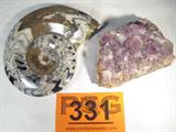 Mixed Lot Moroccan Ammonite Fossil & Geode
A great mixed lot which includes:
- A ammonite fossil which has been cut and polished on one side to enhance the prehistoric shape. A paper label on the bottom identifies it as a product from Morocco. Measures 5.5" across.
- A 4" long piece of geode with pretty purple cyrstals on top.
