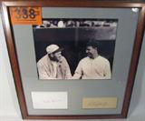 Gehrig & Johnson Autographs w/ Photo ACE
A reproduced black and white photograph print of Walter Johnson and Lou Gehrig. Just below the photo are the signatures of the two players. Frame measures 17" x 16". Photograph and signatures have been professionally matted and framed. Signatures are certified by Autograph Certification Experts, LLC, Justin Chris Priddy, President. Certification #'s B40201 and B36712, can be verified at www.autographcertificationexperts.com.
From the internet: "Walter Perry Johnson (November 6, 1887 – December 10, 1946), nicknamed "Barney" and "The Big Train", was a Major League Baseball right-handed pitcher. He played his entire 21-year baseball career for the Washington Senators (1907–1927). He would later serve as manager of the Senators from 1929–1932 and for the Cleveland Indians from 1933–1935. One of the most celebrated and dominating players in baseball history, Johnson established several pitching records, some of which remain unbroken. He remains by f