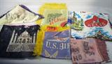 Mixed Lot Souvenir Scarf / Pillow Covers
A great mixed lot of vintage souvenir cloths. All items shows signs of wear from age and use. Lot includes:
- A yellow pillow case with yellow fringe which is a souvenir from Marineland of the Pacific. Cover has printed scenes from the attractions and is captioned "A Whale of A Good Time at Marineland of the Pacific".
Measures 18" x 18".
- A souvenir pillow cover from the US Air Forces, Miami Beach, FL. Blue background with yellow fringe. Measures 16" x 18".
- A souvenir pillow cover from the state of Idaho with printed landmarks. Pink background with pink fringe.
Measures 17" x 16".
- A souvenir table cover from Arizona. The yellow background with blue fringe features a cowboy and Native American Indian themed printed pictures. Measures 23" x 23".
- A souvenir scarf from Mexico. Scarf features printed pictures of monuments and tourist attractions. Measures 36" x 34".
- A souvenir table cover or wall hanging from the Taj Mahal, Agra India. Silky
