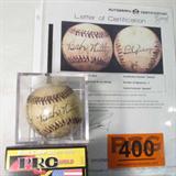 Gehrig & Ruth Autographed Baseball ACE
An Official League baseball which has been hand signed by Babe Ruth and Lou Gehrig. Ball is presented in a clear acrylic cube for easy display. Signatures are certified by Autograph Certification Experts, LLC, Justin Chris Priddy, President. Certification # B36126, can be verified at www.autographcertificationexperts.com.
From internet: George Herman Ruth, Jr. (February 6, 1895 – August 16, 1948), best known as "Babe" Ruth and nicknamed "the Bambino" and "the Sultan of Swat", was an American Major League baseball player from 1914–1935. Ruth originally broke into the major leagues with the Boston Red Sox as a starting pitcher, but after he was sold to the New York Yankees in 1919, he converted to a full-time right fielder and subsequently became one of the league's most prolific hitters. Ruth was a mainstay in the Yankees' lineup that won seven pennants and four World Series titles during his tenure with the team. After a short stint with the Bosto