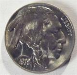 Coin 1938-D Buffalo Nickel Gem BU
1938-D Buffalo Nickel. 7,020,000 total minted. Scarce Date. Graded by the consignor as Gem Brilliant Uncirculated, Superb. No Sales Tax on Coins, Currency, or Bullion. #9-A-2.