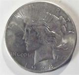 Coin 1928-P Peace Silver Dollar Gem BU
1928-P Peace Silver Dollar. 26.73g of 90% Silver. 360,649 minted. Key Date. Graded by the Consignor as Gem Brilliant Uncirculated. No Sales Tax on Coins, Currency, or Bullion. #69-89.