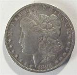Coin 1894-P Morgan Silver Dollar VF
1894-P Morgan Silver Dollar. 26.73g of 90% Silver. 110,000 minted. Extremely Rare Date. Graded by the consignor as Very Fine. No Sales Tax on Coins, Currency, or Bullion. #186-A-50.