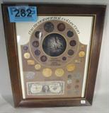 Framed The Bicentennial Collection
Framed Bicentennial Collection. Collection includes 20 Replica's of Early American Coinage; 1929 Mercury Dime, 1943-P Zinc Lincoln Cent, 1974 as well as a wheat cent, 1903 Indian Head Cent, 1900 Liberty Nickel, 1926 Buffalo Nickel, 1976 Kennedy Half-Dollar, 1974 Eisenhower Dollar, and a 1957A $1.00 Silver Certificate. No Sales Tax on Coins, Currency, or Bullion. #282-52.