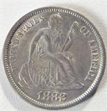 Coin 1882 Seated Liberty Dime Choice BU
1882 Seated Liberty Dime. 2.5g of 90% Silver. 3,911,100 minted. Rare Date. Graded by the consignor as Choice Brilliant Uncirculated. No Sales Tax on Coins, Currency, or Bullion. #379-90.