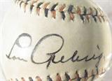 Lou Gehrig Autographed Baseball AAU Certified
An authentic Worth College League baseball, No. 982, which has been hand signed by Lou Gehrig. Presented in protective clear acrylic ball holder. Signature is certified by Authentic Autographs Unlimited, Serial #F10463. The Certificate of Authenticity is signed by Drew V. Max, a Court Qualified and Board Certified Forensic Document Examiner and handwriting expert who specializes in celebrities, sports, and antiquities. You may have seen Mr. Max on the reality television show "Pawn Stars".
From the internet: "Henry Louis "Lou" Gehrig (June 19, 1903 – June 2, 1941), nicknamed "The Iron Horse" for his durability, was an American Major League Baseball first baseman. He played his entire 17-year baseball career for the New York Yankees (1923–1939). Gehrig set several major league records. He holds the record for most career grand slams (23). Gehrig is chiefly remembered for his prowess as a hitter, his consecutive games-played record and its sub