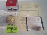 Babe Ruth Autographed Baseball AAU Certified
A vintage blue and red laced baseball which has been hand signed by Babe Ruth. Ball is presented in a clear acrylic cube for easy display. Signature is certified by Authentic Autographs Unlimited, Serial #F10377. The Certificate of Authenticity is signed by Drew V. Max, a Court Qualified and Board Certified Forensic Document Examiner and handwriting expert who specializes in celebrities, sports, and antiquities. You may have seen Mr. Max on the reality television show "Pawn Stars".
From internet: George Herman Ruth, Jr. (February 6, 1895 – August 16, 1948), best known as "Babe" Ruth and nicknamed "the Bambino" and "the Sultan of Swat", was an American Major League baseball player from 1914–1935. Ruth originally broke into the major leagues with the Boston Red Sox as a starting pitcher, but after he was sold to the New York Yankees in 1919, he converted to a full-time right fielder and subsequently became one of the league's most prolific hit