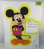 Art Mickey Mouse Original Painting by Glynn Dunlap
A charming original painting on poster board of Mickey Mouse by artist Glynn Dunlap. Mickey is speaking, "I was drawn especially for _________" where a name can be inserted. The painting is signed in "I Love Ya - Glynn Dunlap 1996". Measures 28" x 22".
From the internet: "Mr. Glynn Dunlap was born in Herculean, Missouri, in 1922. He later moved to California as a commercial artist and retired to Boulder City, Nevada. Upon his retirement, he and his wife begun working with mentally-challenged children. Mr. Dunlap noticed the determination and hard work in these young kids and began making certificates of achievement to honor their efforts. After giving a certificate one day in 1985 a child approached him for a cartoon; thus began a new passion. For the next twenty years Mr. Dunlap drew cartoons for any child who asked. Shortly after he began drawing for children, Mr. Dunlap joined forces with such organizations as the Muscular Dystroph