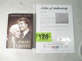 Jimmy Carter Autograph Book PSA / DNA Certified
A hardcover book titled "A Remarkable Mother" hand signed by author Jimmy Carter. Accompanied by a Letter of Authenticity from PSA/DNA Authentication Services. The letter is dated April 18, 2011 with certification # O03045. The PSA/DNA logo watermark is visible when you hold the paper to light.
From the internet: "James Earl "Jimmy" Carter, Jr. (born October 1, 1924) is an American politician who served as the 39th President of the United States (1977–1981) and was the recipient of the 2002 Nobel Peace Prize, the only U.S. President to have received the Prize after leaving office. Before he became President, Carter served as a U.S. Naval officer, was a peanut farmer, served two terms as a Georgia State Senator and one as Governor of Georgia (1971–1975). During Carter's term as President, two new cabinet-level departments were created: the Department of Energy and the Department of Education. He established a national energy policy that in