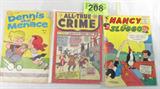 Lot of 3 Vintage 10 Cent Comic Books
This lot contains the following 10 cent comic books:
- Marvel Comic, "All-Tru Crime Cases", Issue No. 33
- Hallden Fawcett, Dennis the Menace, Issue No. 53
- St. John, Nancy and Sluggo, from Oct 1955.
