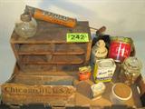 Mixed Lot Wooden Boxes / Tins / Stoneware
Mixed lot contains:
- An old apothecary type jar filled with vintage buttons.
- A tin bucket with the logo for Cudahy's REX, Pure Lard.
- Metal tin, Durkee's Turmeric.
- Metal tin, Tone's Selected Whole Cloves.
- Metal tin, Marion Kay Black Pepper.
- Small stoneware crock with logo for J. Zachary Omelette & Souffle Seasoning.
- Stoneware crock made in England with logo for - India Panama Horse Hat.
- A vintage pump handle "FlyDed" insect repellant sprayer.
- A couple of old wooden boxes.
