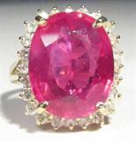 Jewelry 14K Yellow Gold Ruby & Diamond Ring
Breathtaking 14KT yellow gold, ruby & diamond ring. Included GLA Premium Appraisal reads:
"One lady's polished, stamped and electronically tested solid 14k yellow gold ring mounted with: 1 Genuine Ruby (Corundum) and 24 Genuine Round Full Diamonds. This item weighs 6.00 grams and fits a finger size 7.50. The setting measures 18.07 x 15.58 mm and the band measures 2.90 mm tapering down to 1.92 mm at the center of the shank. The condition is BRAND NEW. The gemstones have been analyzed in the mounting.
MAIN GEMSTONE:
Identity: Genuine Ruby (Corundum)
Shape: Oval (faceted)
Measurements: 14.87 x 11.91 x 6.20 mm (est.)
Carat weight: 10.86 cts (est)
Clarity Type: II = may include eye-visible features
Hue: Strawberry Red
Transparency: Transparent
Tone: Light - Medium
Quality: 6 - good to very good
ADJACENT GEMSTONE
Identity: Genuine Diamond
Cut: Round Full (Faceted
Measurement: 1.70 mm (no depth)
Quantity: 24
Carat weight: 0.58 ctw (est.)
Clarity g